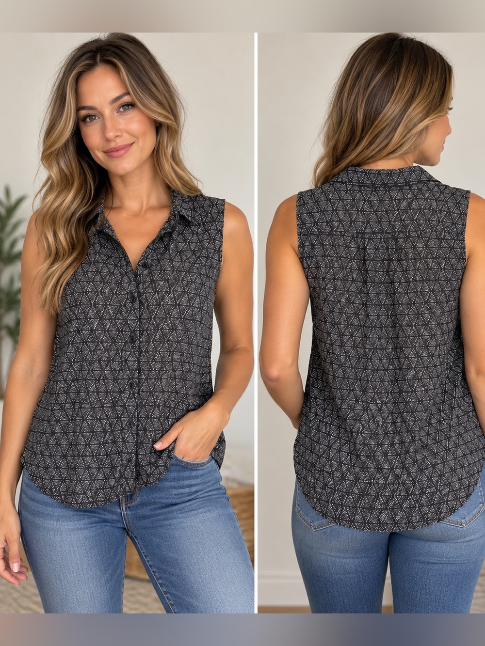 H&M Black & White Geometric Print Sleeveless Blouse – Size 6